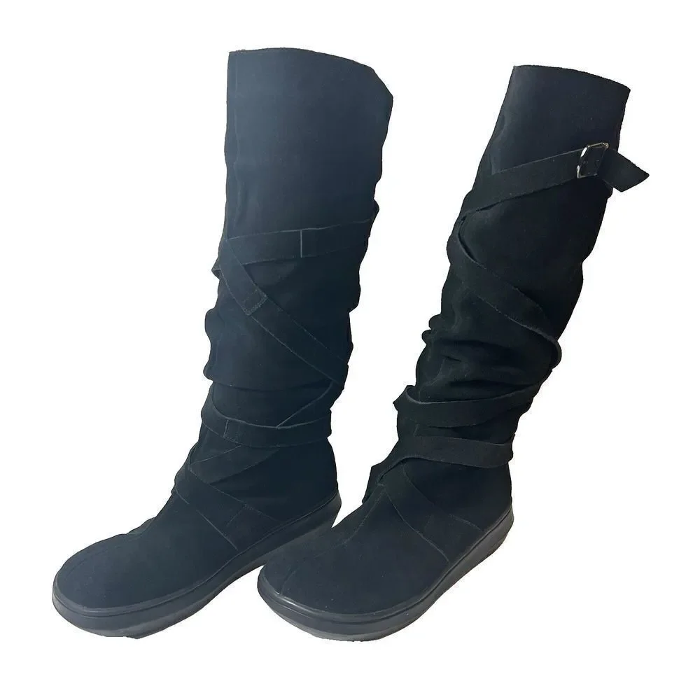 BDG Knee High Women's 7.5 M Casual Boots Black Suede Pull On Slouch Wrap Straps